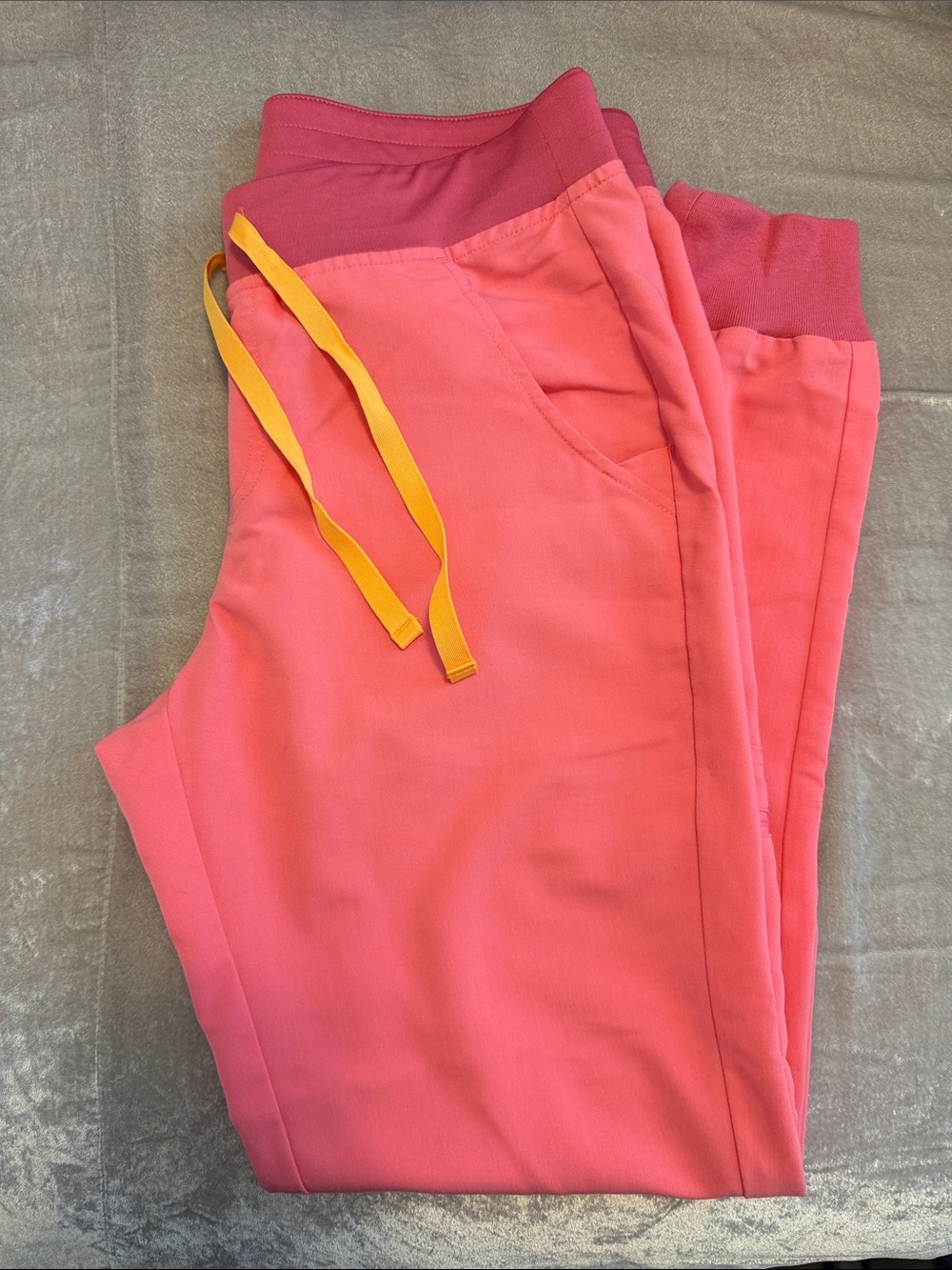 Figs Coral Pink Jogger Scrub Set with Yellow Drawstring